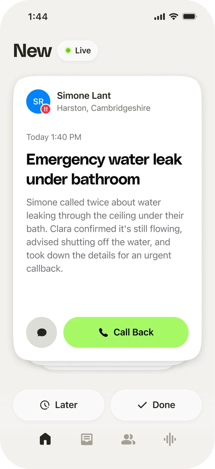 The Clara inbox showing a new call summary for Simone Lant, with call back and message actions