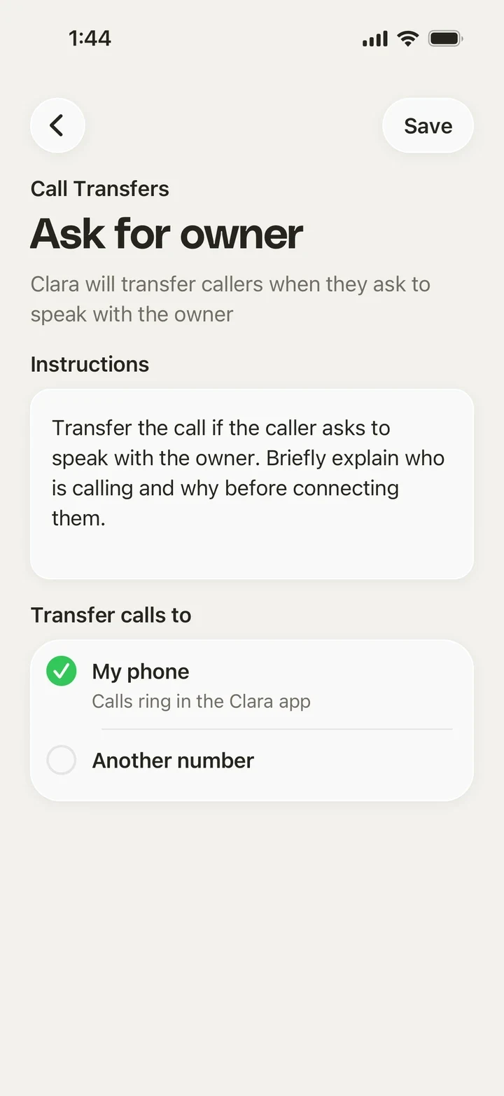 The Clara call transfers screen for the ask-for-owner rule, and the number transfers ring