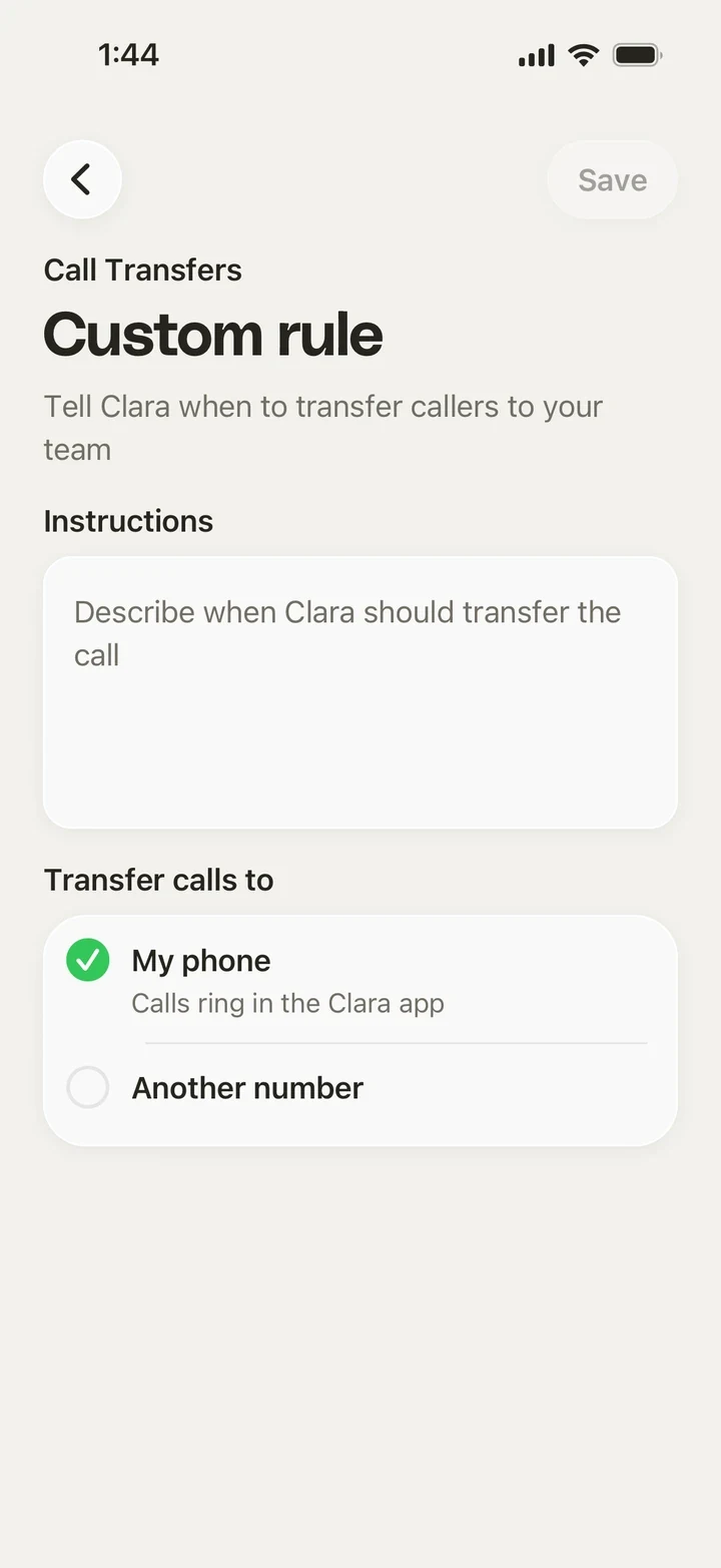 The Clara call transfers screen for a custom rule, and the number transfers ring