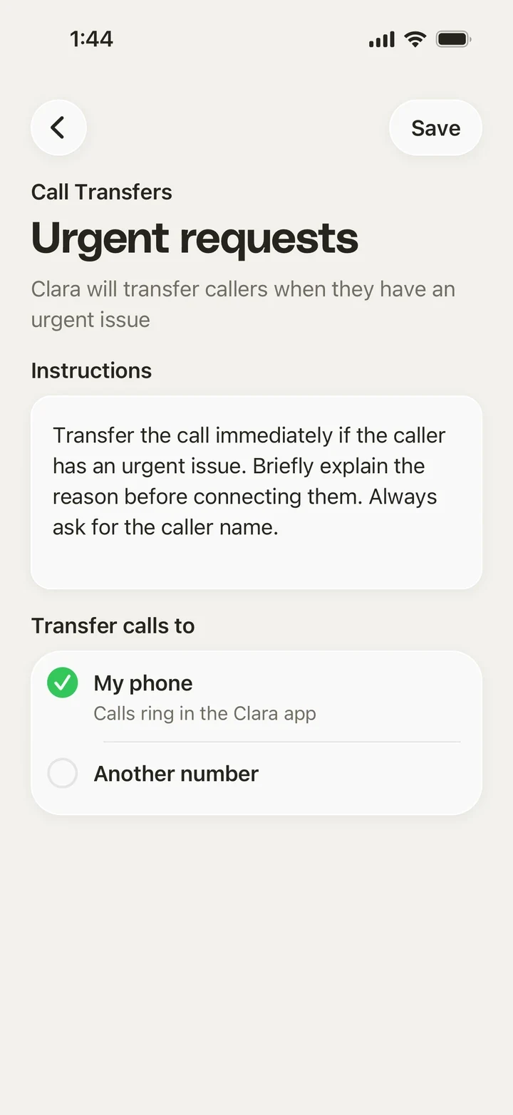 The Clara call transfers screen, showing the urgent requests rule and the number transfers ring
