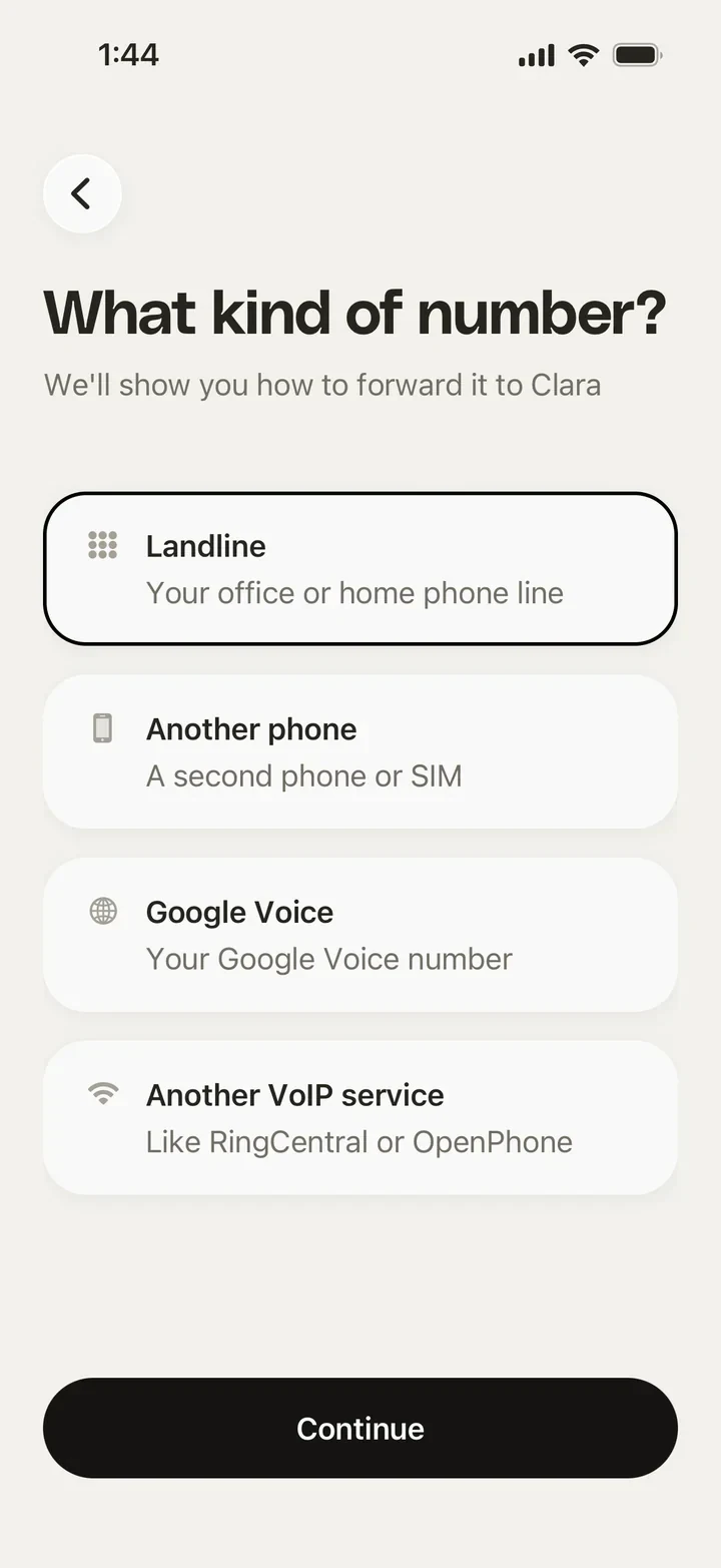 The Clara app asking what kind of number you are forwarding, listing landline, another phone, Google Voice, and other VoIP services