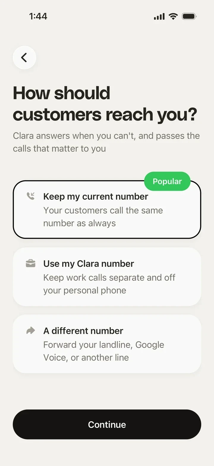 The Clara app asking how customers should reach you, with the option to keep your current number selected