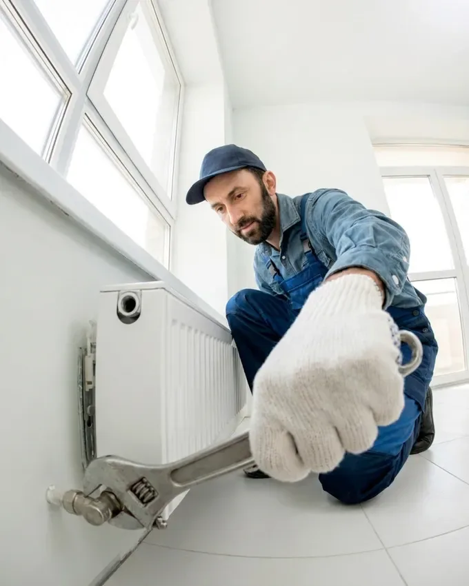 A plumber working on the pipes under a sink