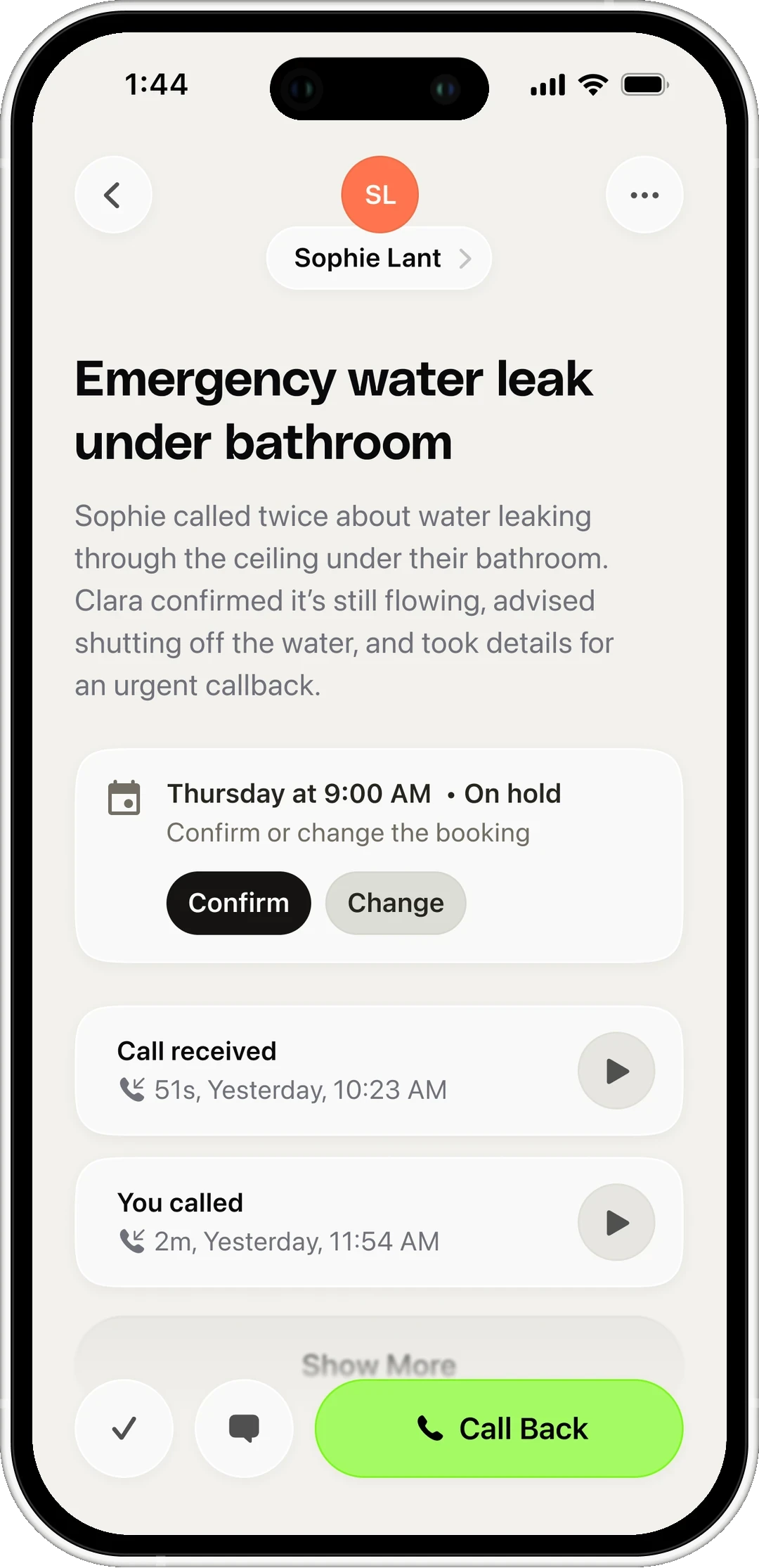 A Clara inquiry showing the job, the caller, and the booked slot with confirm and change buttons