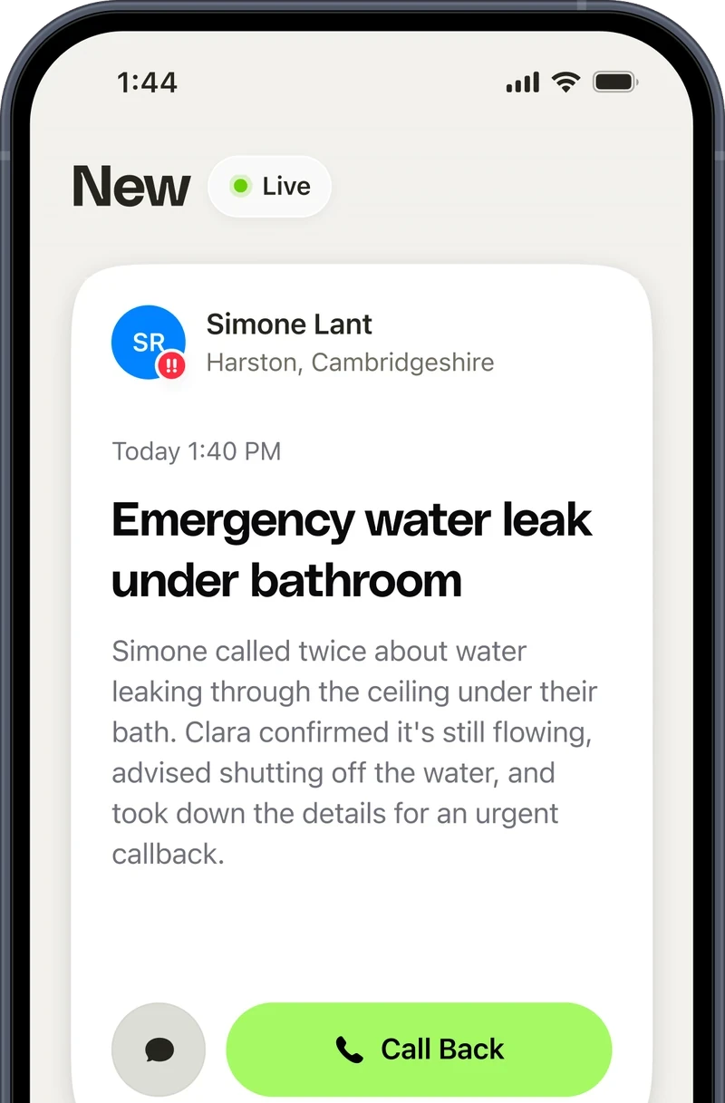 A Clara call summary on a phone, showing the caller, the write-up and a call back button