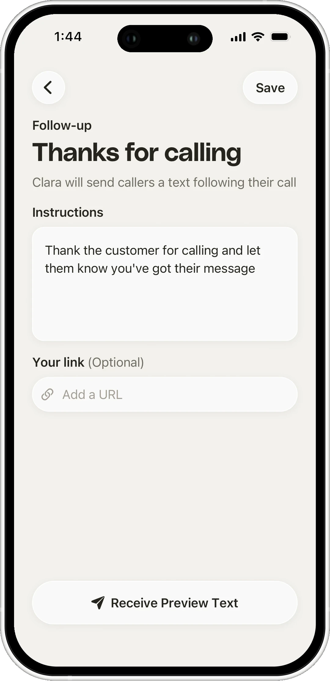 The Clara follow-up screen, showing the text Clara sends a caller after the call