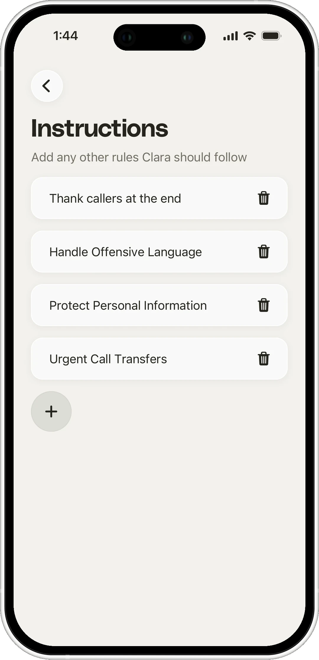 The Clara instructions screen, listing rules Clara follows on every call