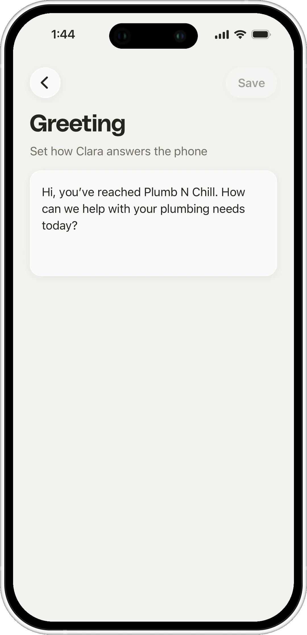 The greeting screen in the Clara app, showing the words Clara says when it picks up