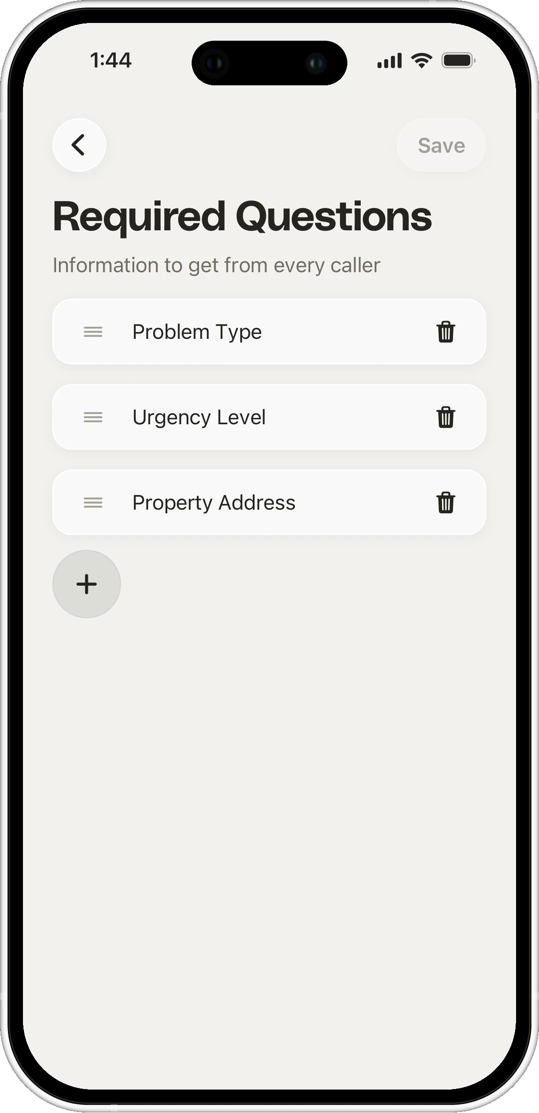 The required questions screen in the Clara app, listing problem type, urgency level and property address as details to collect from every caller