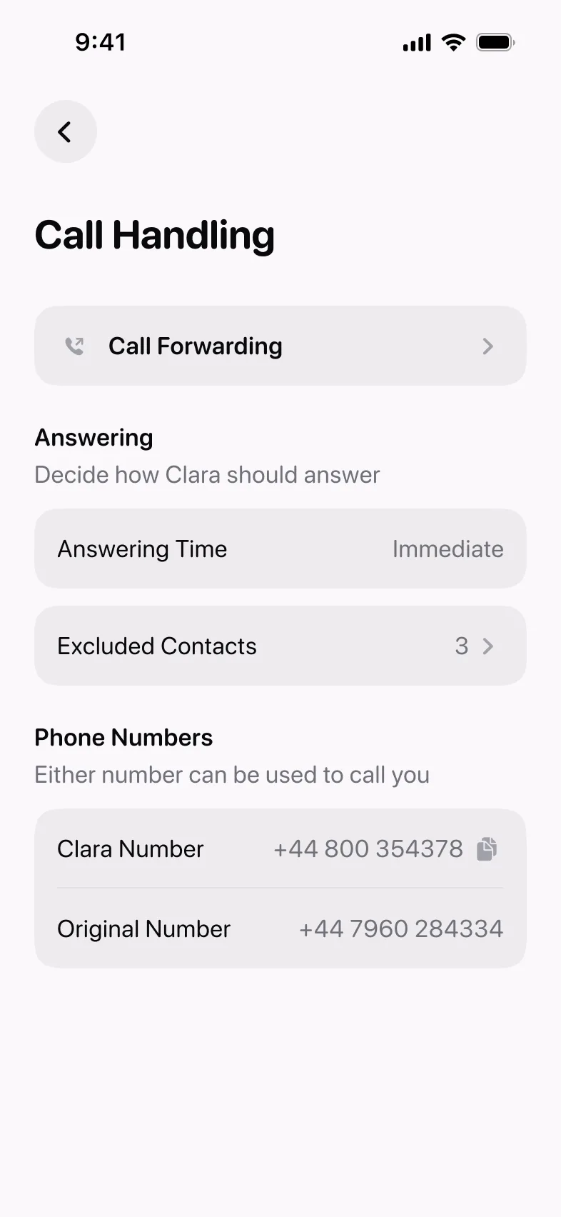 Excluded Contacts in the Call Handling settings screen in Clara