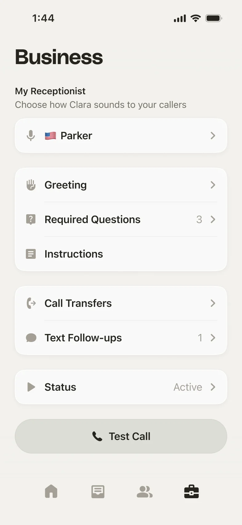 The Business tab with the Call Transfers row